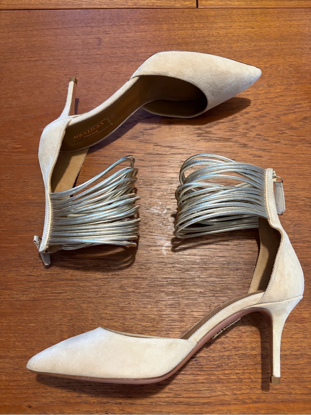 Aquazzura Cream Suede Pointed-Toe Heels with Silver Ankle Cords